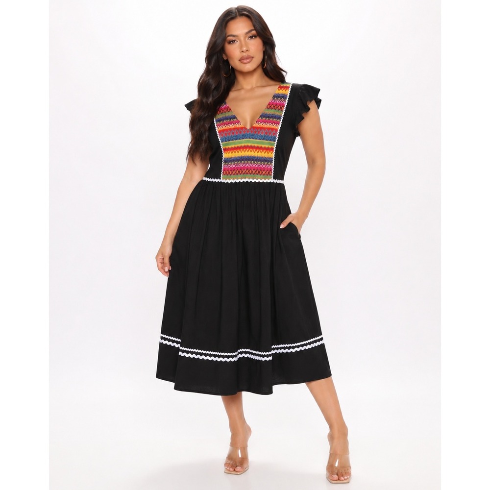BloomChic Black Embroidered V-Neck Midi Dress Ric Rac Trim Plus Size 14-16